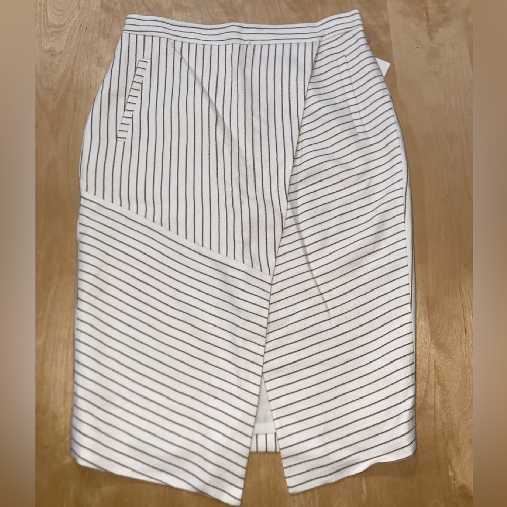 Olivia Palermo Chelsea28 Striped Cream & Tan Asymmetrical Pencil Skirt  Size- 8